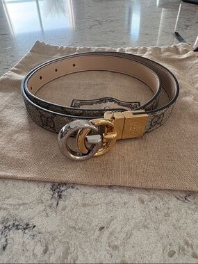 Gucci Beige Signature GG Canvas Belt with Gold & Silver Interlocking G Buckle